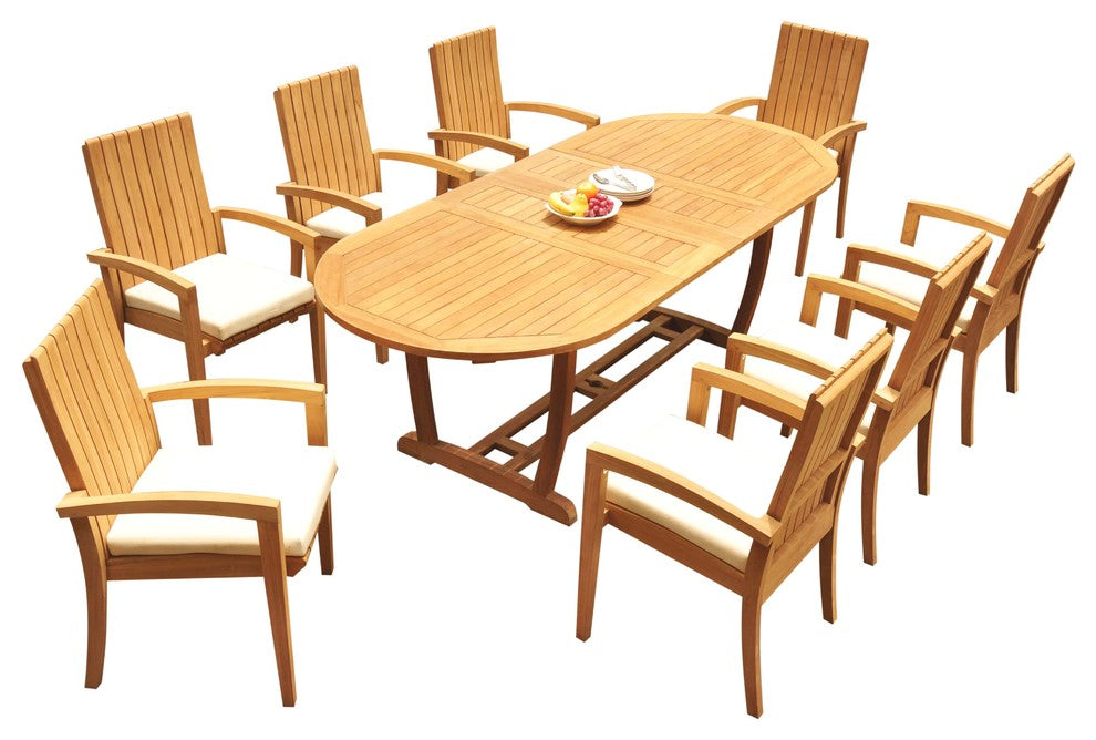 9-Piece Outdoor Teak Dining Set: 94" Masc Oval Table, 8 Goa Stacking Arm Chairs