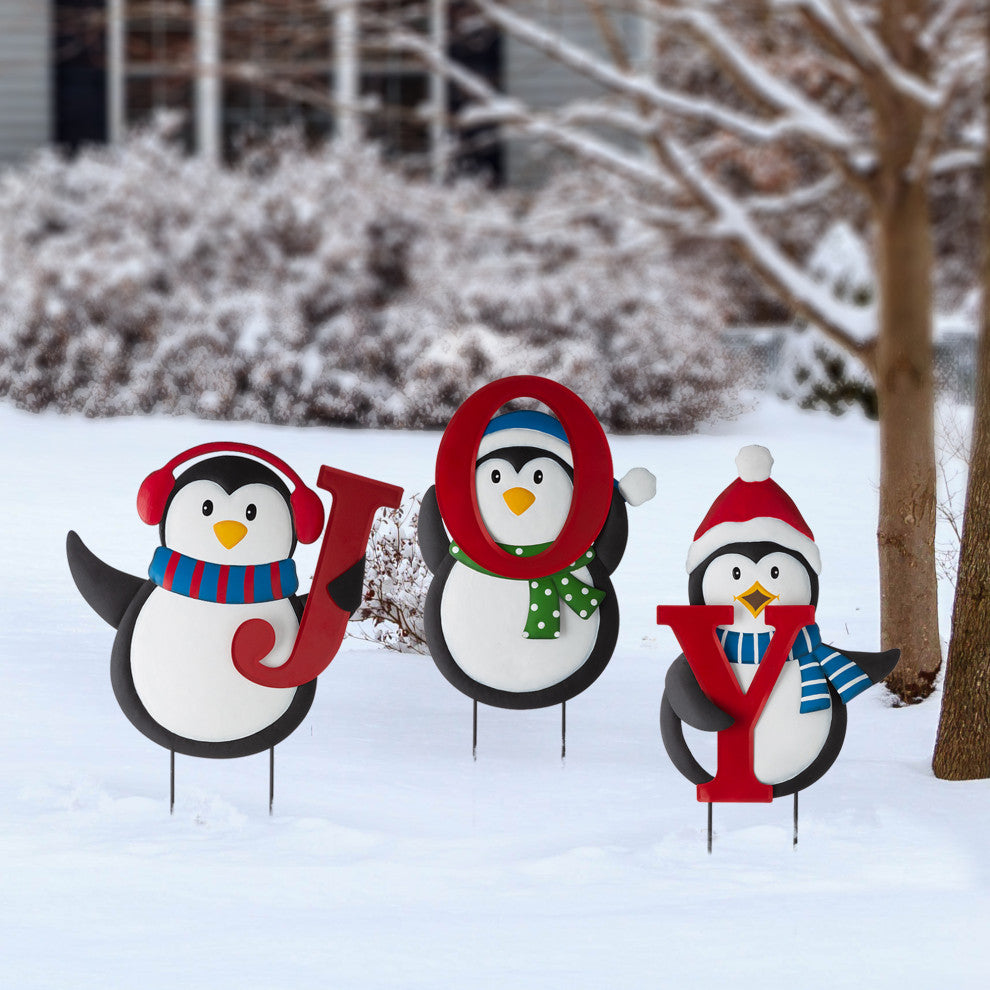 42"H Metal JOY Penguin Yard Stake or Wall Decor