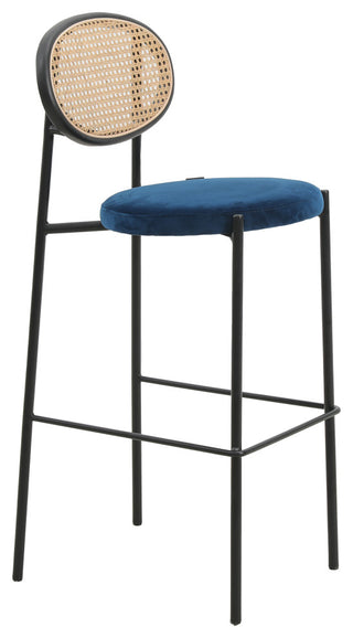 LeisureMod Euston Wicker Bar Stool With Black Steel Frame and Footrest, Navy Blue