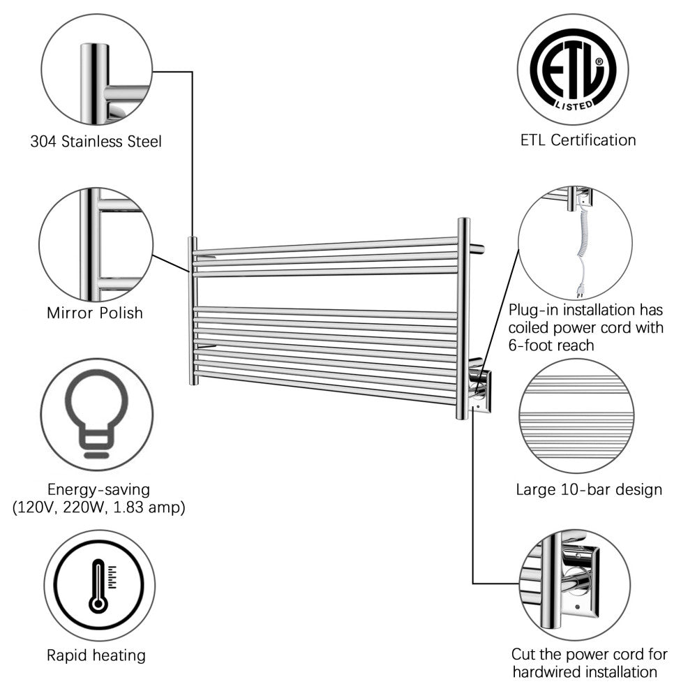HEATGENE 10 Bar Wall-Mounted Plug-in / Hard-wiring Towel Warmer, Mirror Polish