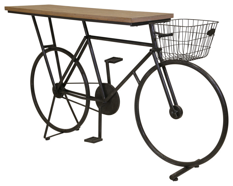 Benzara BM228951 Rectangular Wood Top Console Table, Bicycle Design Base, Black