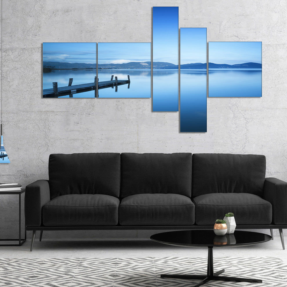 Bright Blue Sky with Pier, Seascape Canvas Art Print, 60"x32", 5 panels