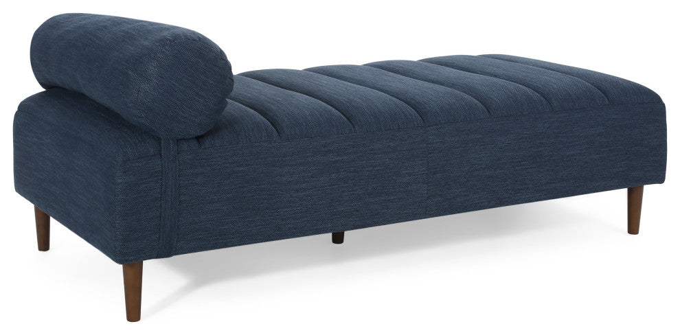 Holmwood Mid Century Modern Fabric Tufted Chaise Lounge With Bolster Pillow, Navy Blue/Natural Walnut