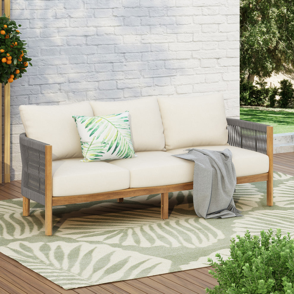 GDF Studio Outdoor 3-Seater Patio Acacia Wood Sofa, Teak/Gray/Beige