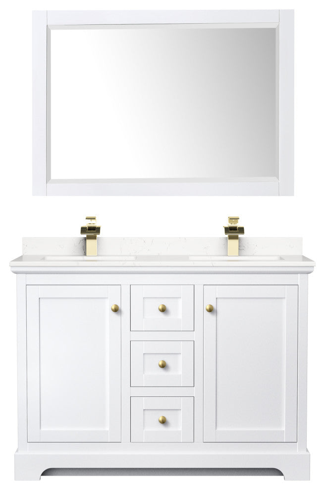 48"DBL Vanity White, Light-Vein Carrara Cult. Top, Sinks, 46"Mirror, Gold Trim