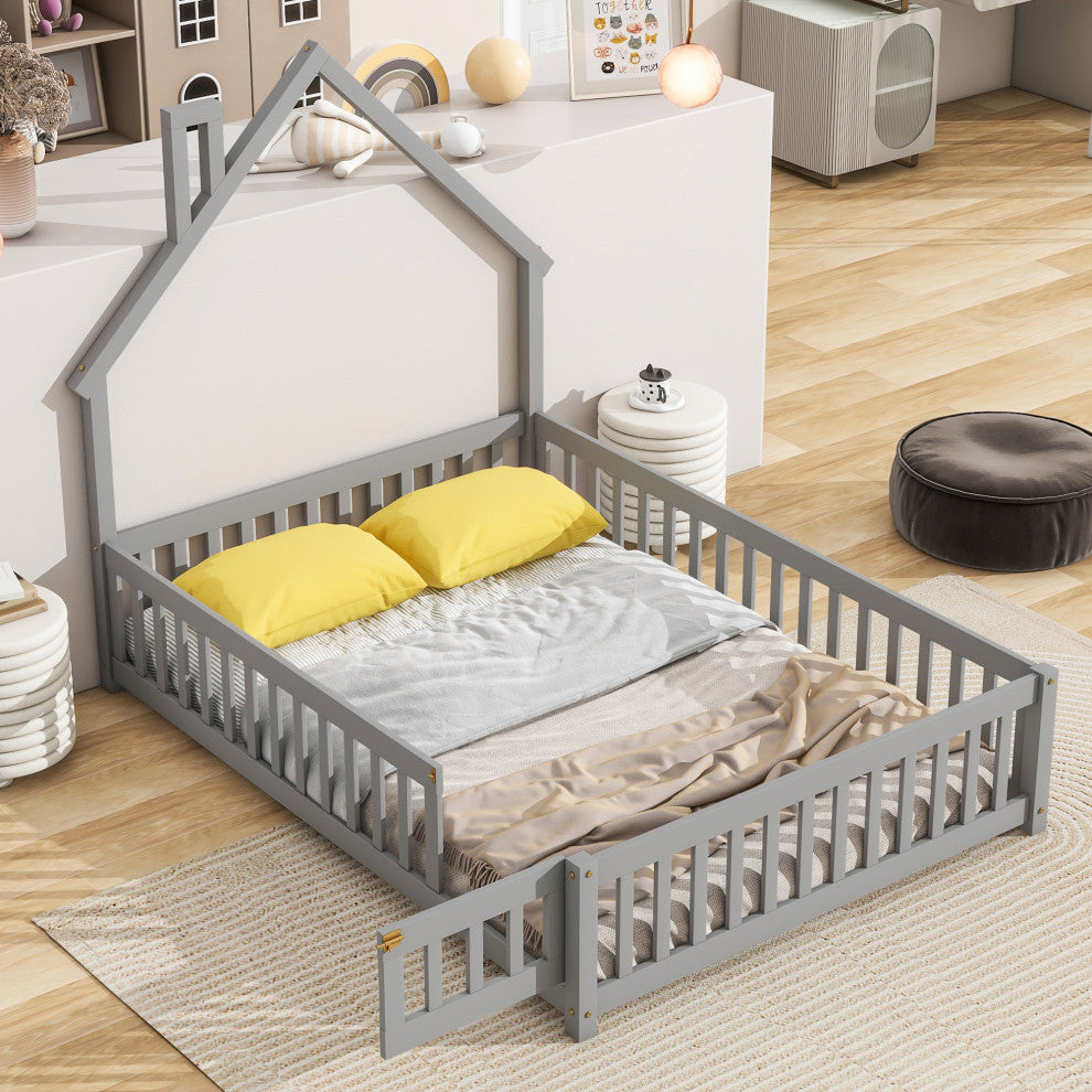 Gewnee Full House-Shaped Headboard Floor Bed with Fence