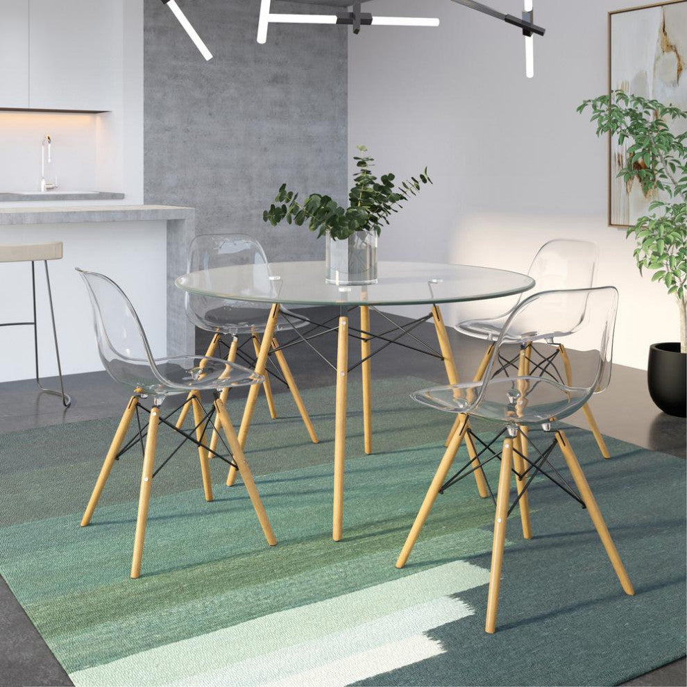 Leisuremod Dover Round Glass Top Dining Table With Natural Wood Eiffel Base