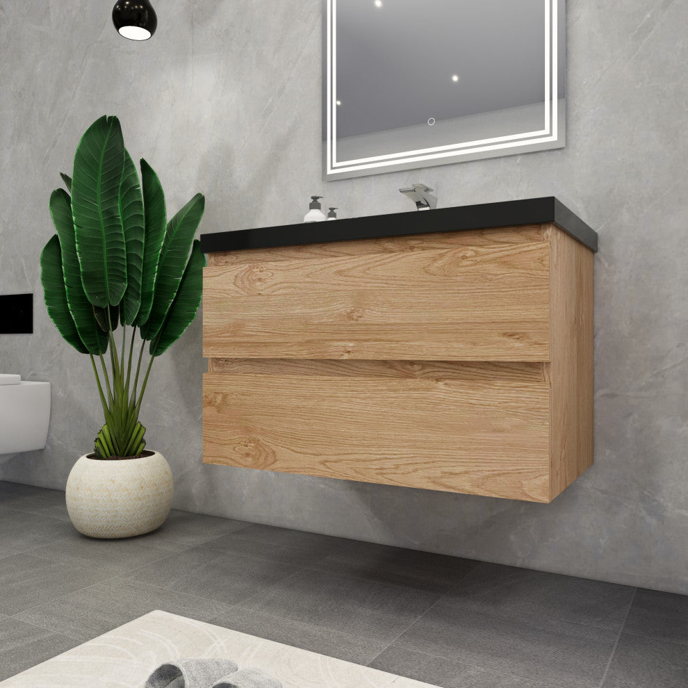 Belli 36" Wall Mounted Single Bathroom Vanity Set, England Oak, Matt Black Top