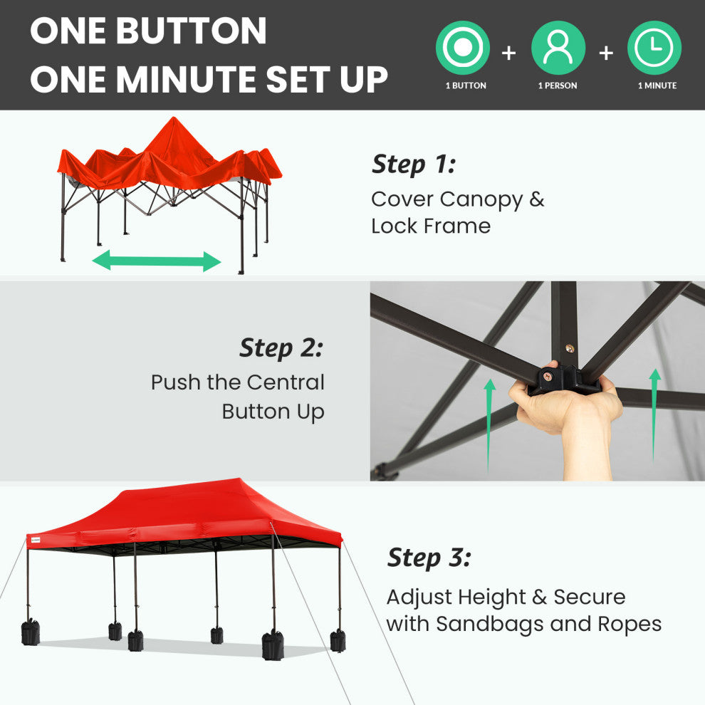 JEAREY Pop Up Canopy Tent, Outdoor Canopy, 4 Sand Bags, Red, 10x20ft