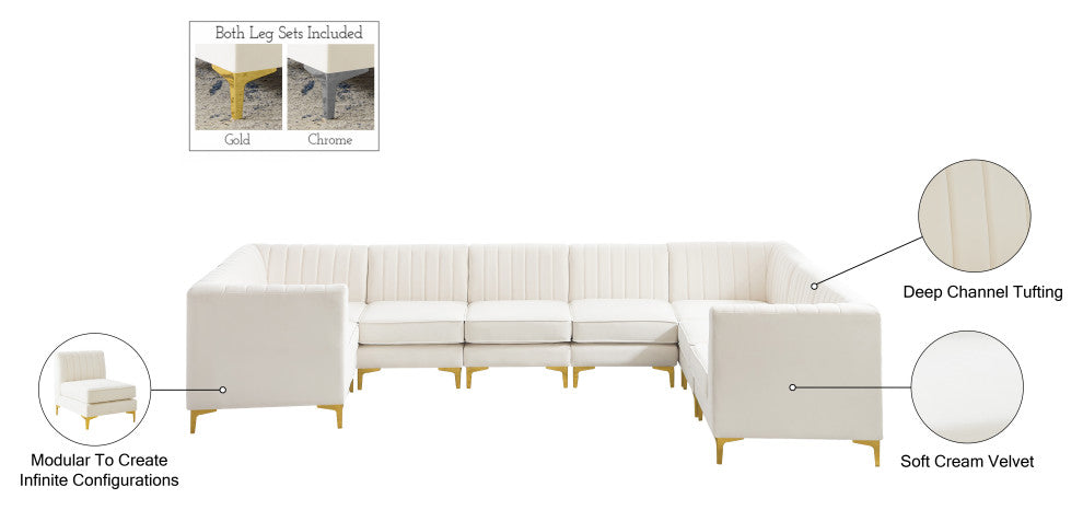 Alina Black Velvet 8-Piece Modular Sectional, Cream, Armless Chair (4), Corner Chair (4) - B