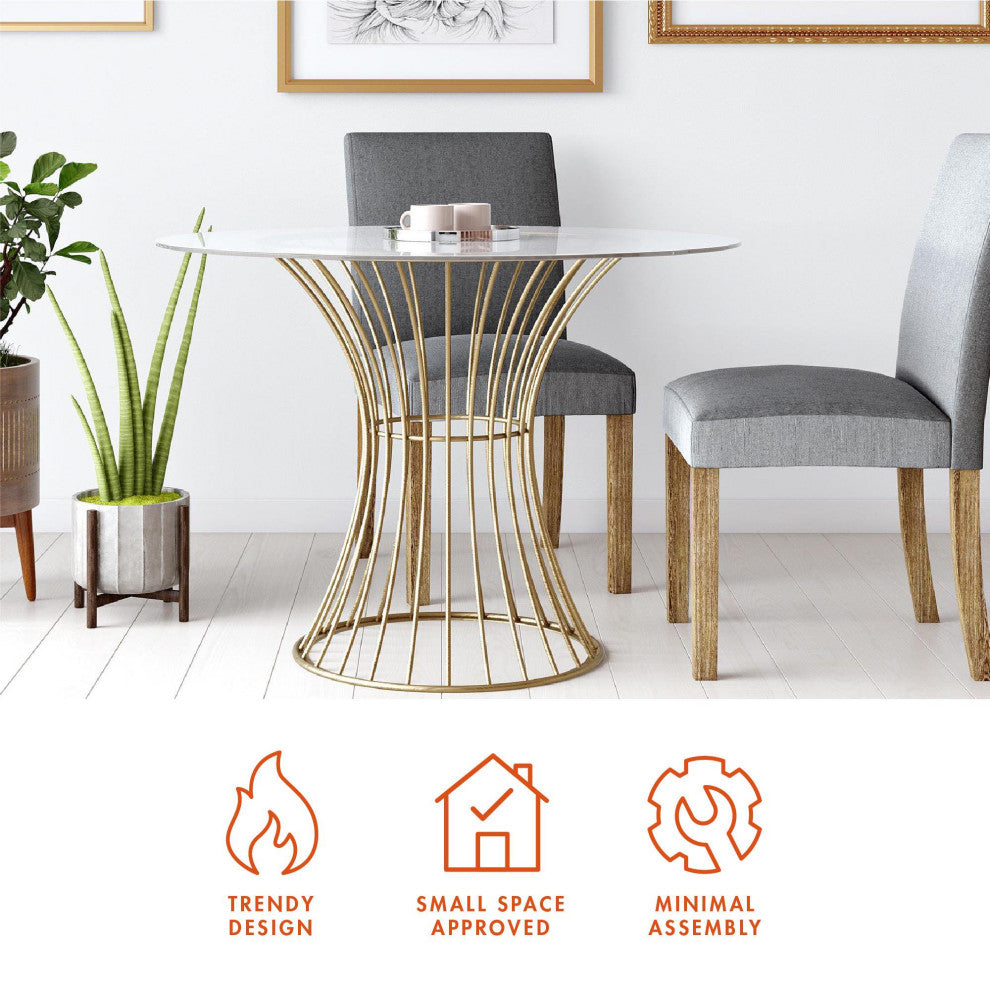 Modern Dining Table, Cage Like Brass Finished Base With Round Tempered Glass Top