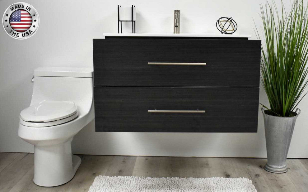 Napa 36" Modern Floating Bathroom Vanity With Ceramic Top and Round Handles, Black Ash