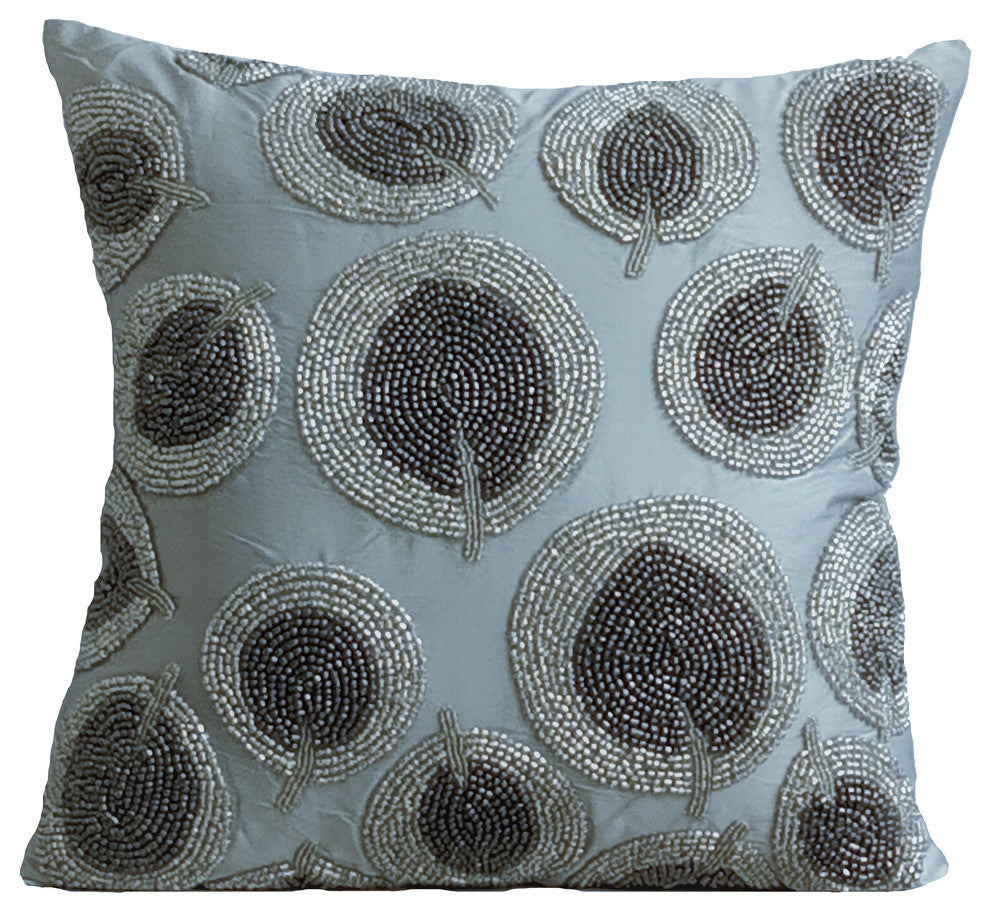 Silver Single Cushion Sofa Trees 20"x20" Art Silk Beaded, Silver Round Leaves