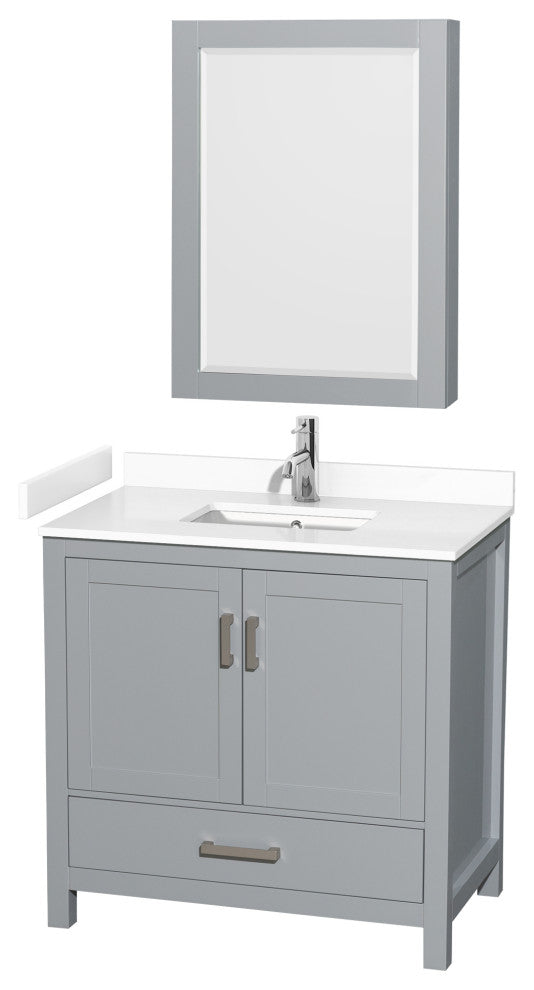 36"SGL Bathroom Vanity Gray, White Cult. Marble Countertop, Sink, Med. Cabinet