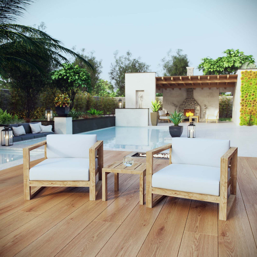 Lounge Armchair Chair Table Set, White Natural, Wood, Modern, Outdoor Patio
