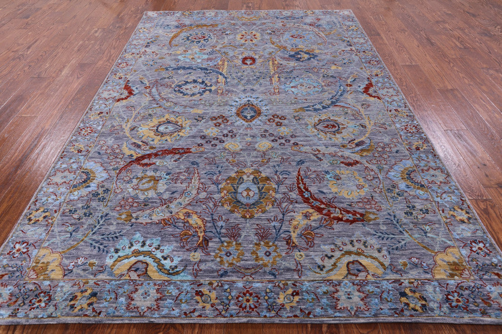 Sickle Leaf Design Persian Wool and Silk Hand Knotted Rug 6' 3" X 9' 3" Q6075