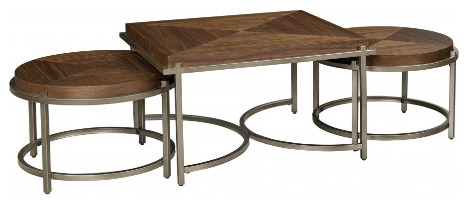 Brown Wood and Metal Geo Coffee Table and End Tables Three Piece Set