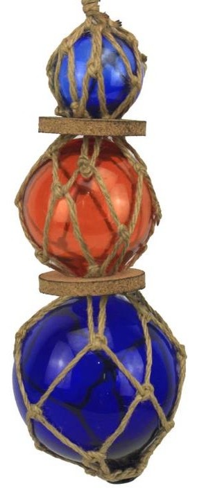 Blue, Orange, Blue Japanese Glass Ball Fishing Floats with Brown Netting