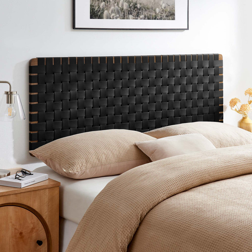 Sparta Weave Wall-Mount Vegan Leather Queen Headboard, Walnut Black