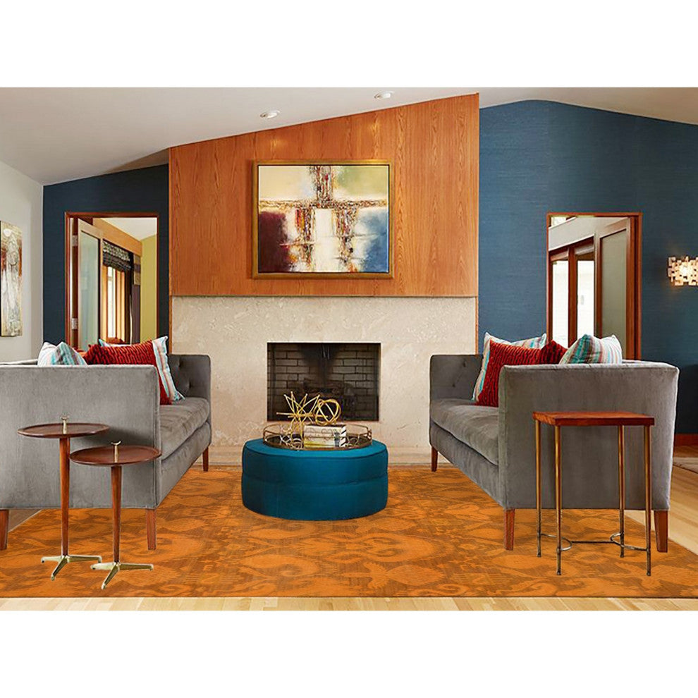 Hand Knotted Pure Wool, Orange Cast Overdyed Ikat Oriental Rug, 9'1"x12'3"