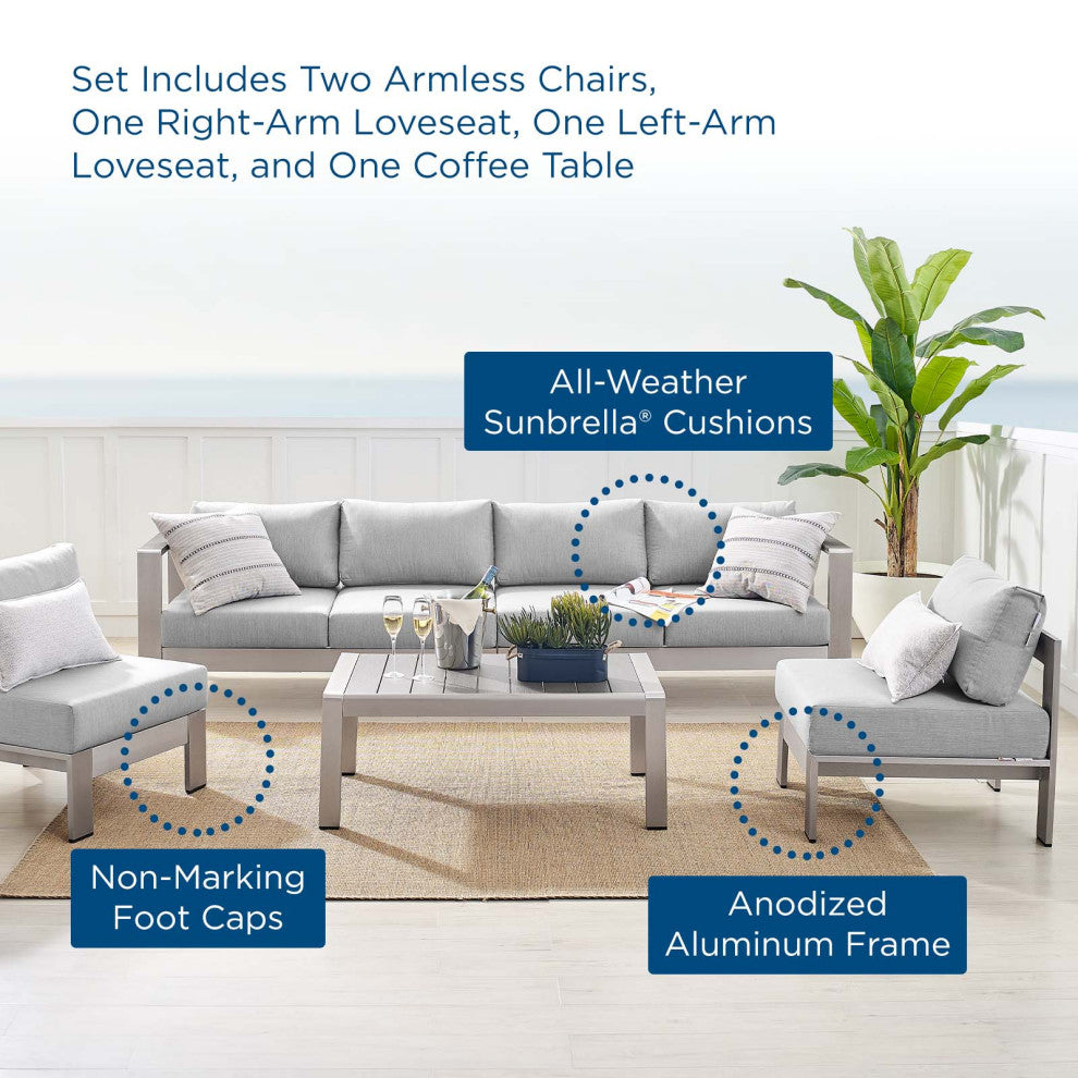 Sectional Sofa Chair Table Set, Sunbrella, Aluminum, Silver Gray, Outdoor