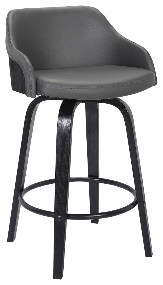 26 Inch Wooden and Leatherette Swivel Barstool, Black and Gray