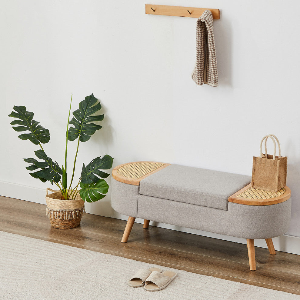 Wood Ottoman Storage Bench with Rattan,Linen Seat, Grey