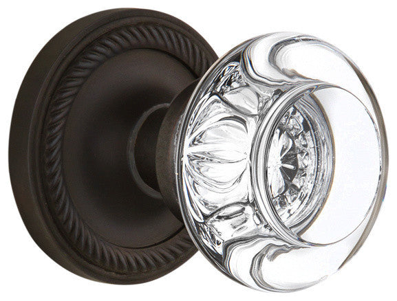 Rope Rosette Passage Round Clear Crystal Glass Door Knob, Oil Rubbed Bronze