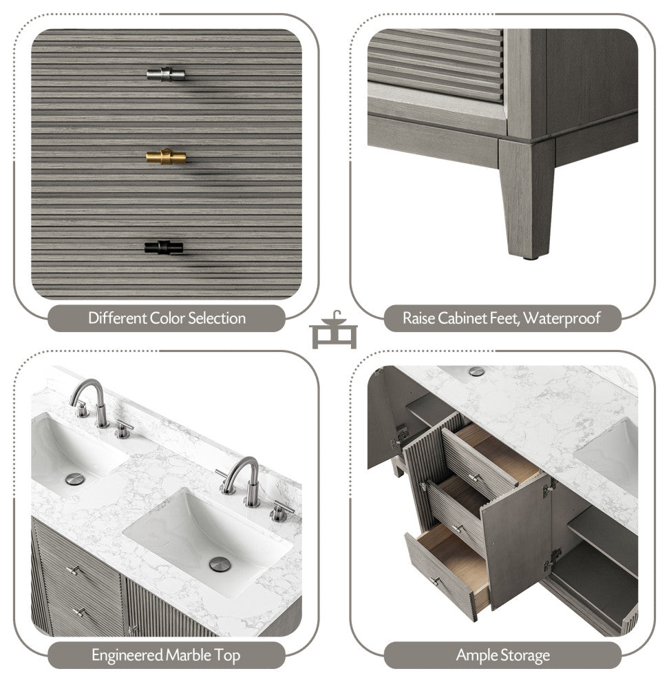 Vanity Art Bathroom Vanity with Engineered Marble Top and Sink, Driftwood Gray, 72" (Double Sink), Brushed Nickel