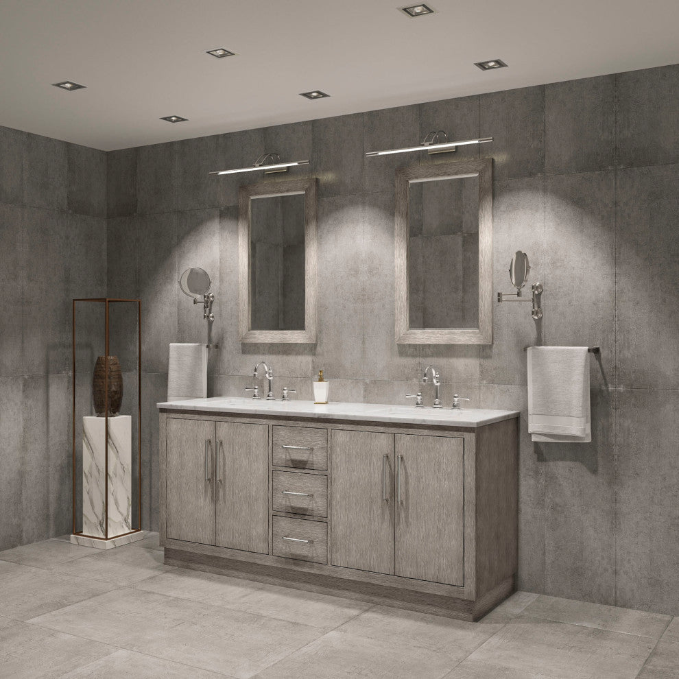 Hugo 72 Double Sink White Marble Vanity, Gray Oak With Hook Faucets and Mirrors
