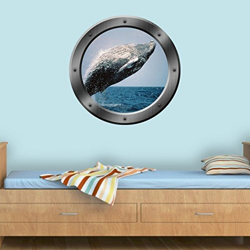 VWAQ Whale Porthole Wall Decal Ocean View, Window Cling Sticker PO2