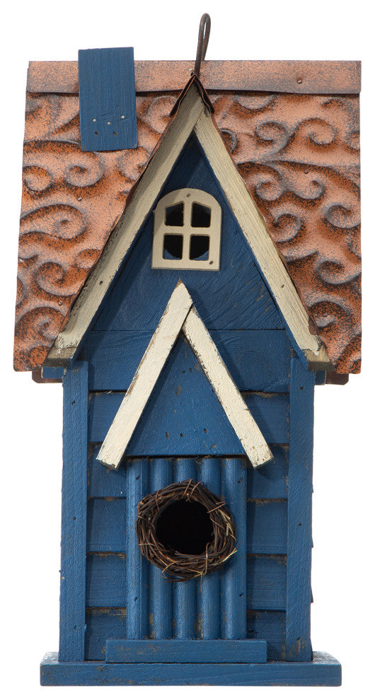 12"H Retro Blue Distressed Solid Wood Cottage Birdhouse