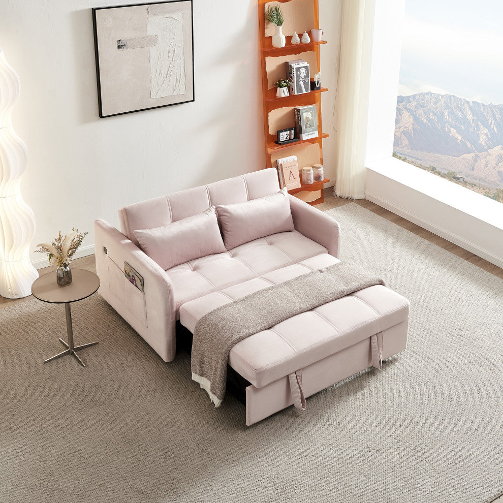 TATEUS 55.5" Twins Pull Out Sofa Bed Velvet for Small Room Pink