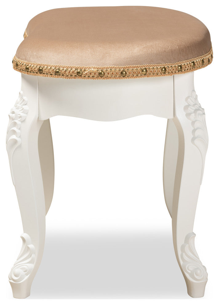 Wiktoria Country Provincial Sand Velvet Upholstered White-Wood Vanity Ottoman