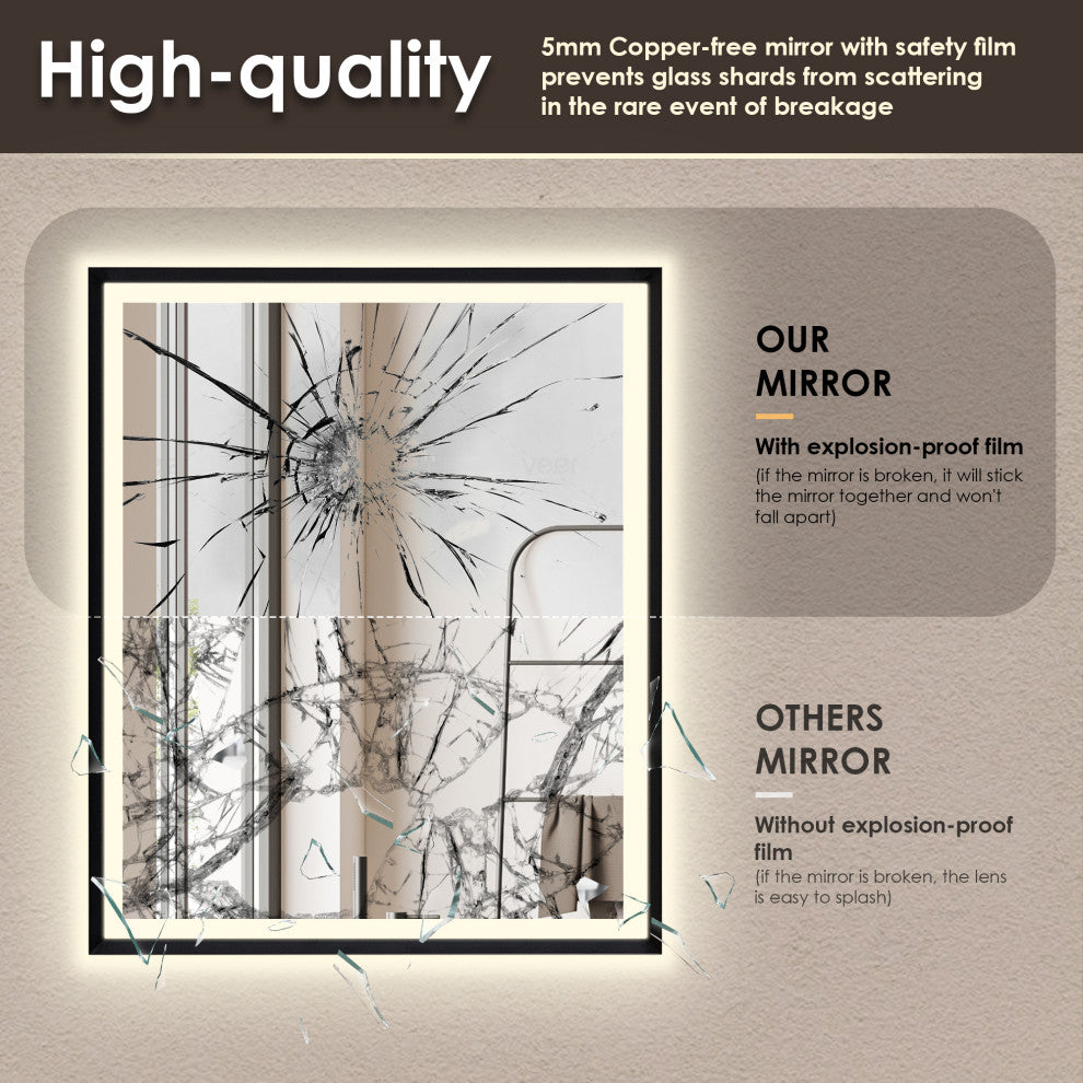 Apollo Anti-Fog Dimmable Vanity, LED Lighted Wall Mirror, Matte Black, 36"
