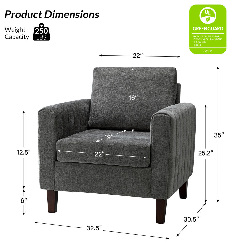 35" Comfy Club Chair for Bedroom With Wood Legs, Gray