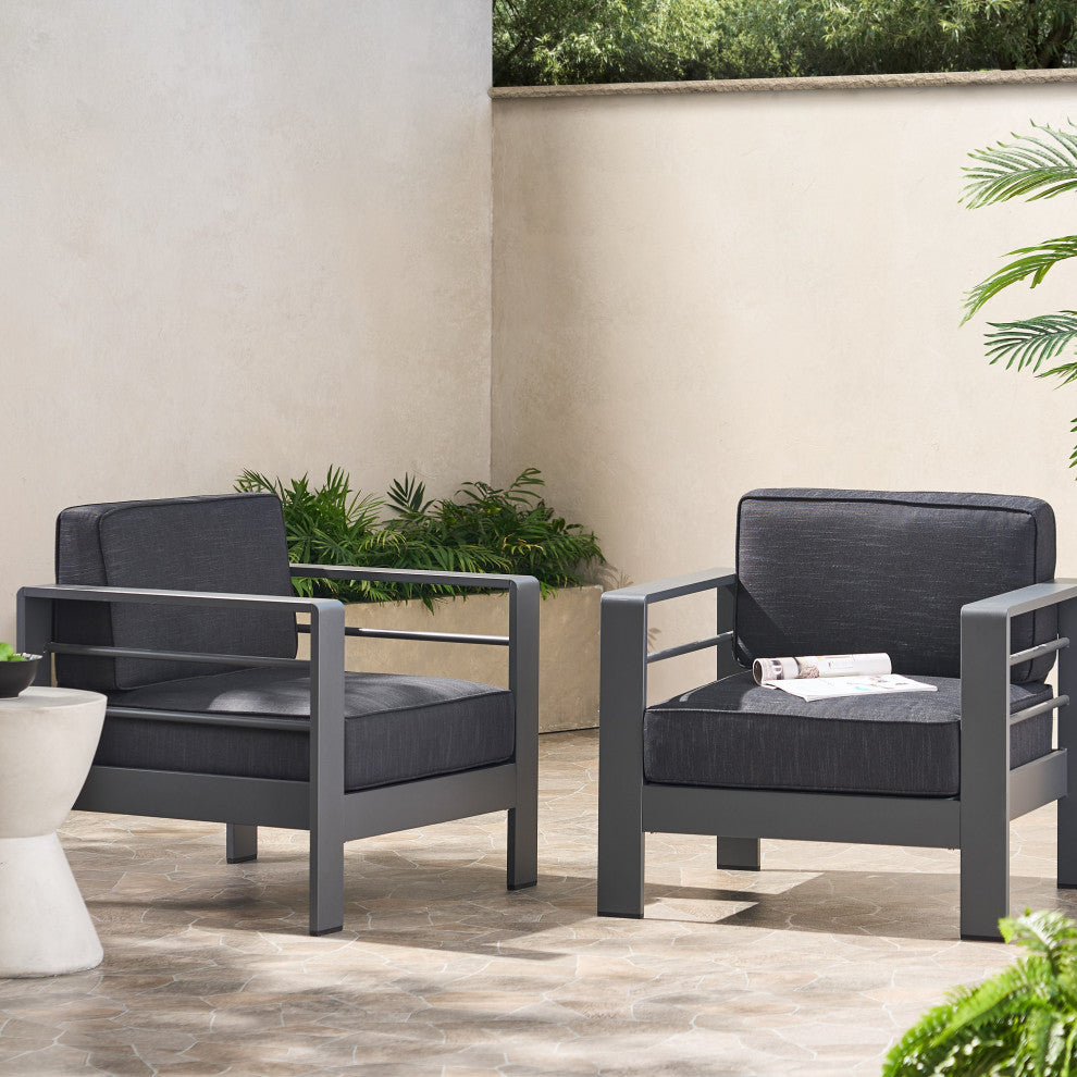GDF Studio Crested Bay Outdoor Gray Aluminum Club Chairs With Cushions, Set of 2