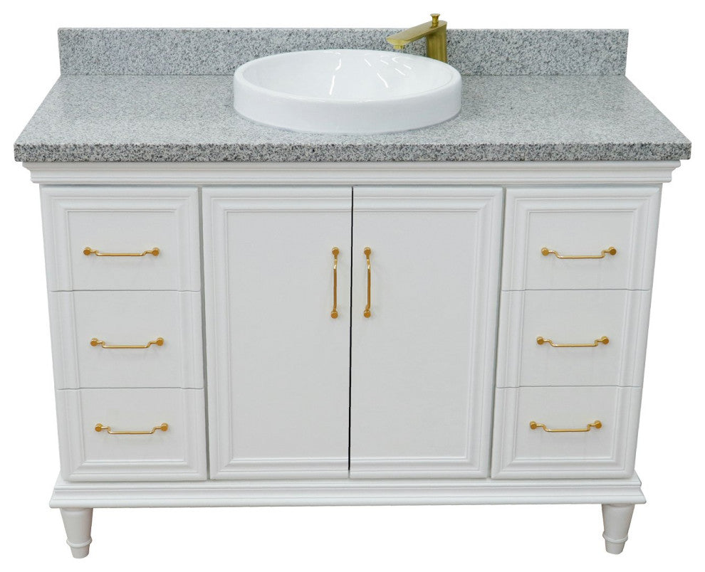 49" Single Sink Vanity, White Finish With Gray Granite and Round Sink