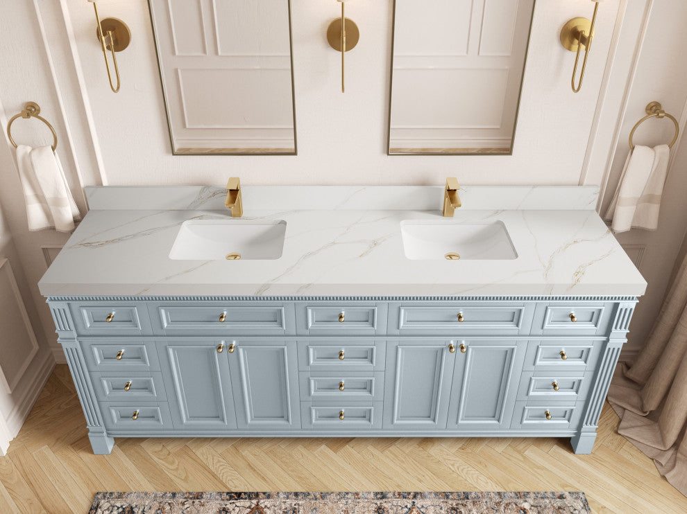 Paris 84" Double Sink Bathroom Vanity, Blue Heather 2" Calacatta Sienna