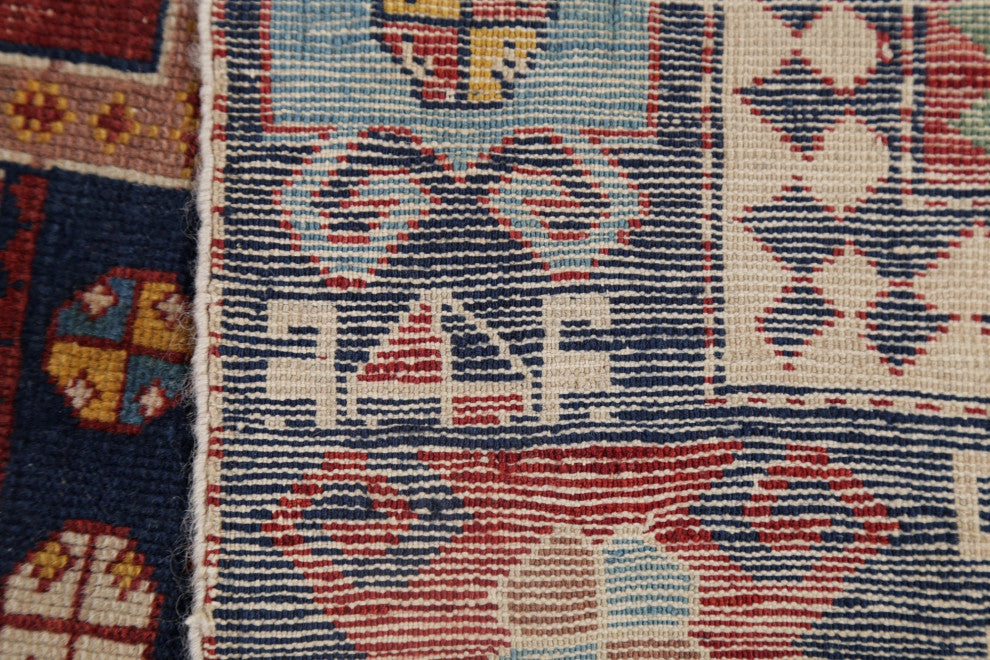 Consigned, Antique Russian Oriental Traditional Hand-Knotted Area Rug, Blue, 3x4