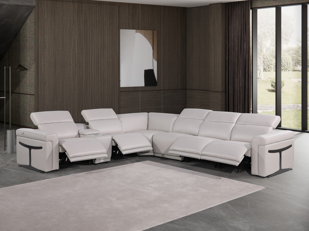 Giovanni 7-Piece 4-Power Reclining Italian Leather Sectional, Light Gray