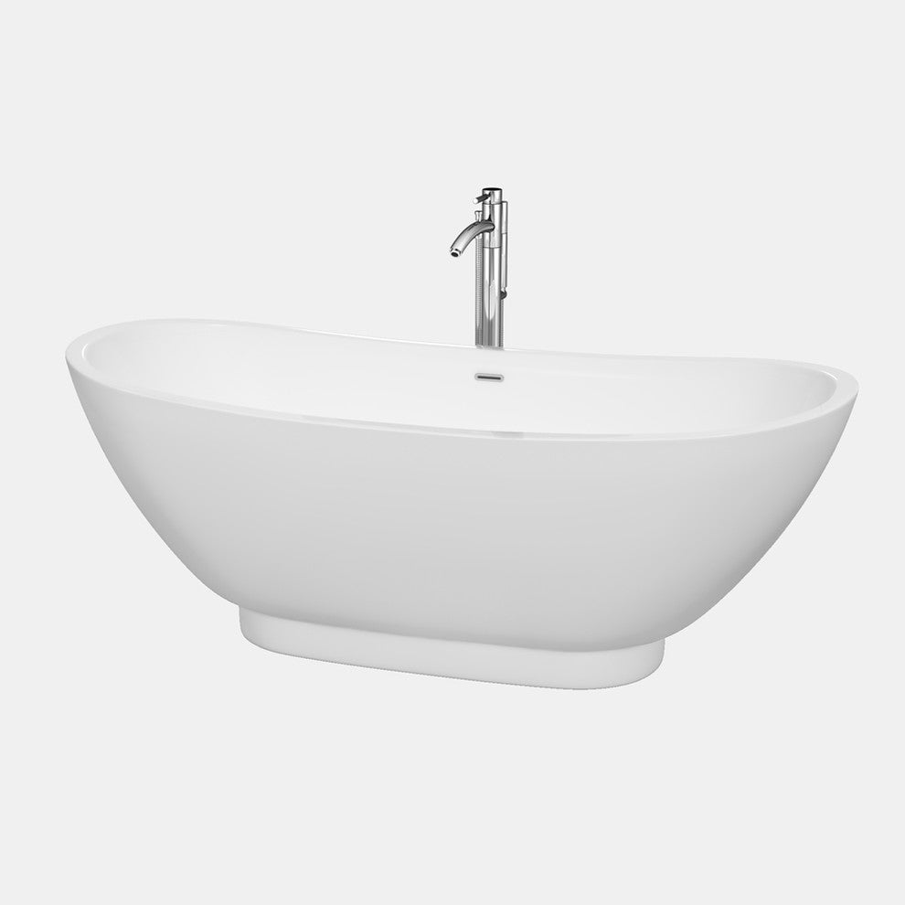 Clara 69" Freestanding White Bathtub, Polished Chrome Tub Filler and Trim Kit