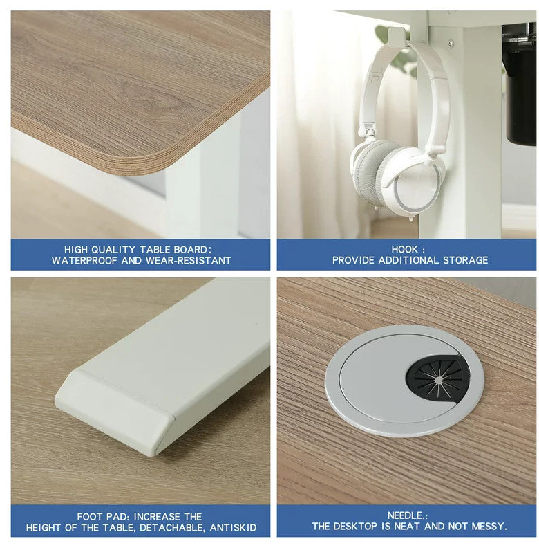 Electric Adjustable Desk, White Iron Legs With Oak Finished Top & Headphone Hook