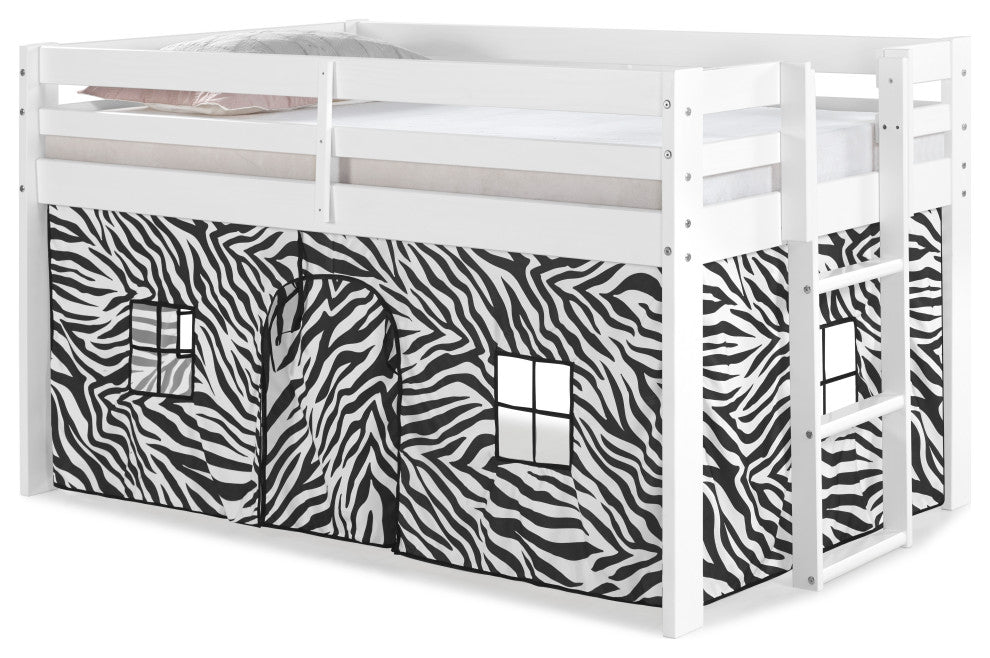 Jasper Twin Junior Loft Bed, White Frame, Zebra Bottom Playhouse Tent