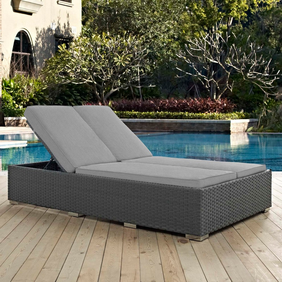 Modern Outdoor Lounge Chair Chaise, Sunbrella Rattan Wicker, Multi/Gray