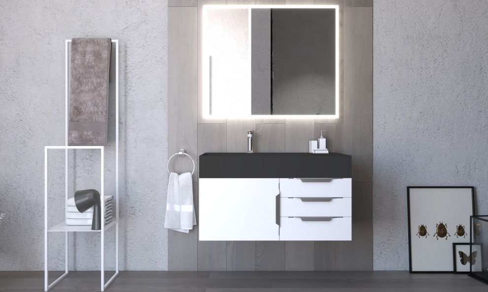 CastelloUSA Amazon 36" Wall Mount Vanity Set, White, Black Top, Chrome Handles