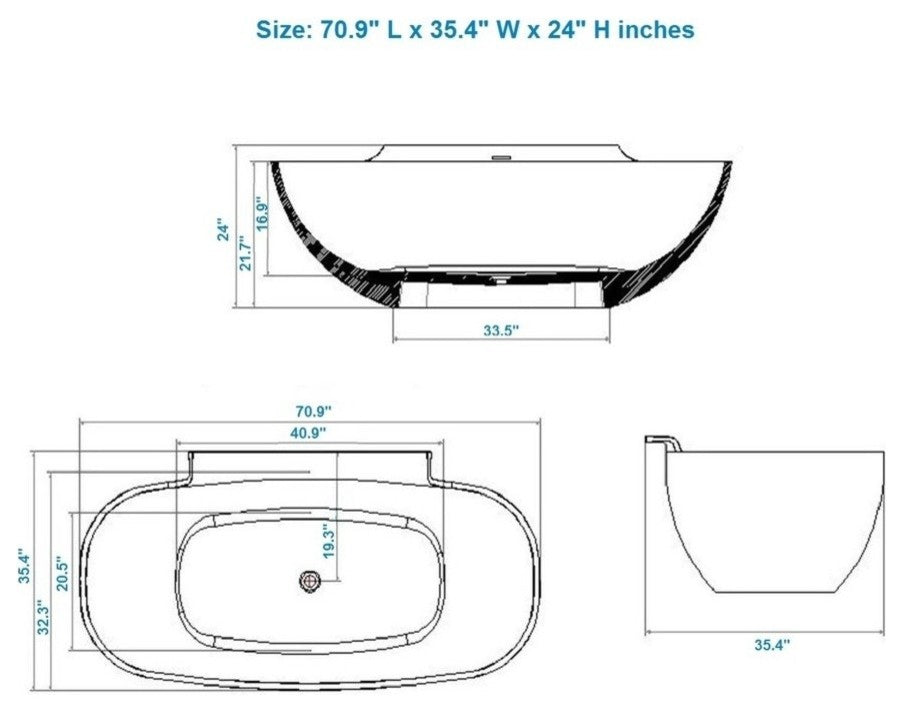 ADM Elipsed Freestanding Bathtub, Glossy White, 70.9"