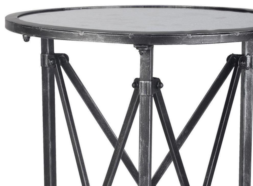 27 Inch Side Table, Round Metal Body, Glass Tabletop, 3 Wheels, Silver
