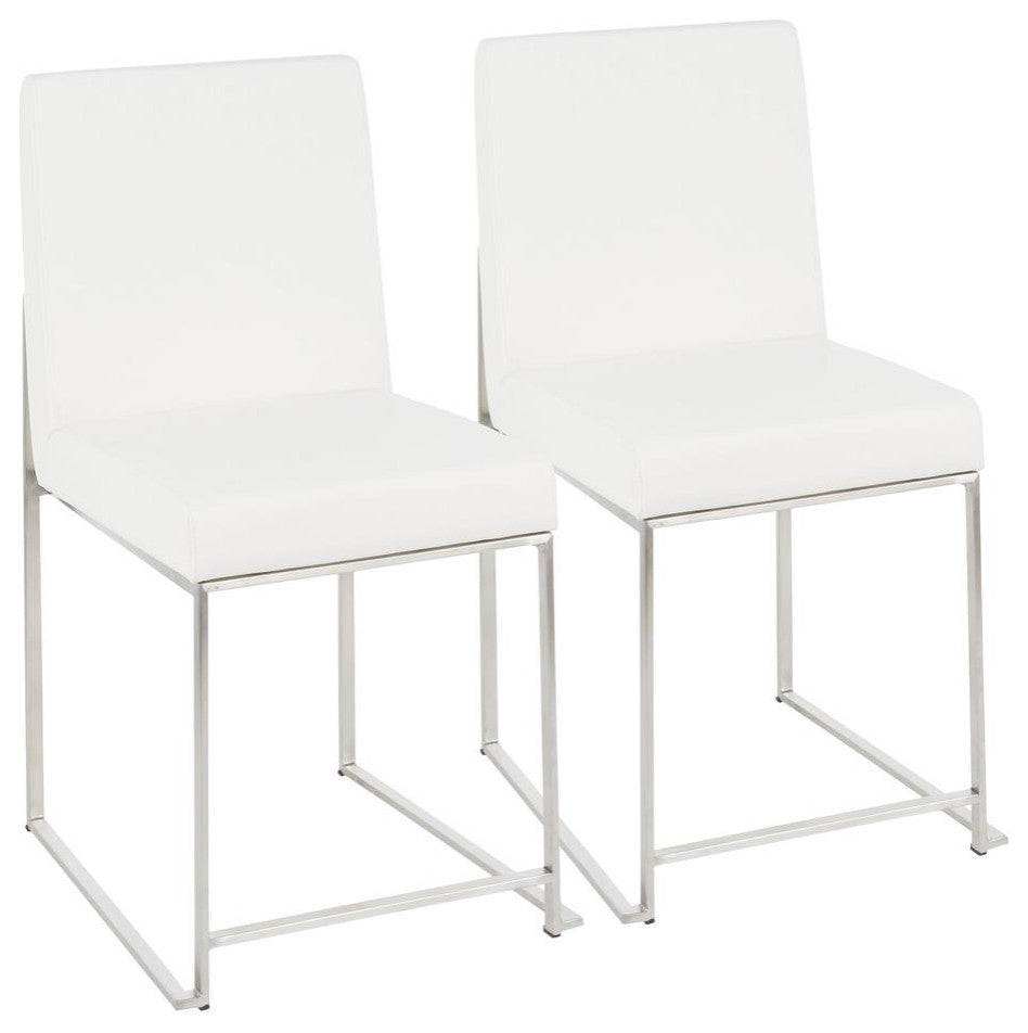 Brushed Stainless Steel, White PU High Back Fuji Dining Chair - Set of 2