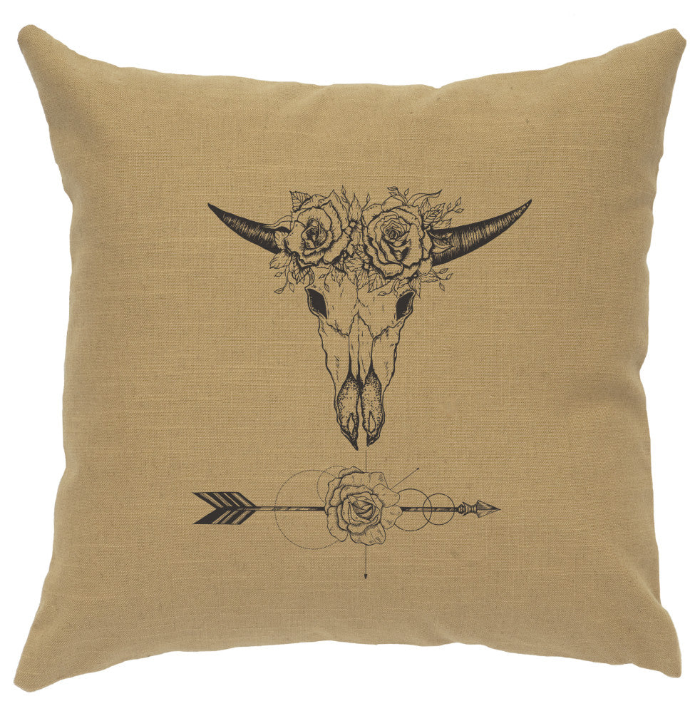 Image Pillow 16x16 Bull and Flowers Linen Straw